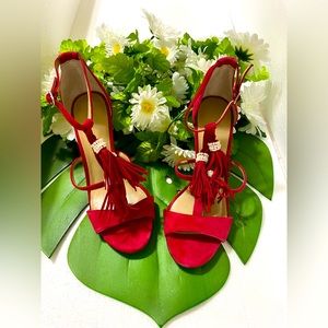 NWOB Ann Taylor red suede pearl and tassel heels 6m